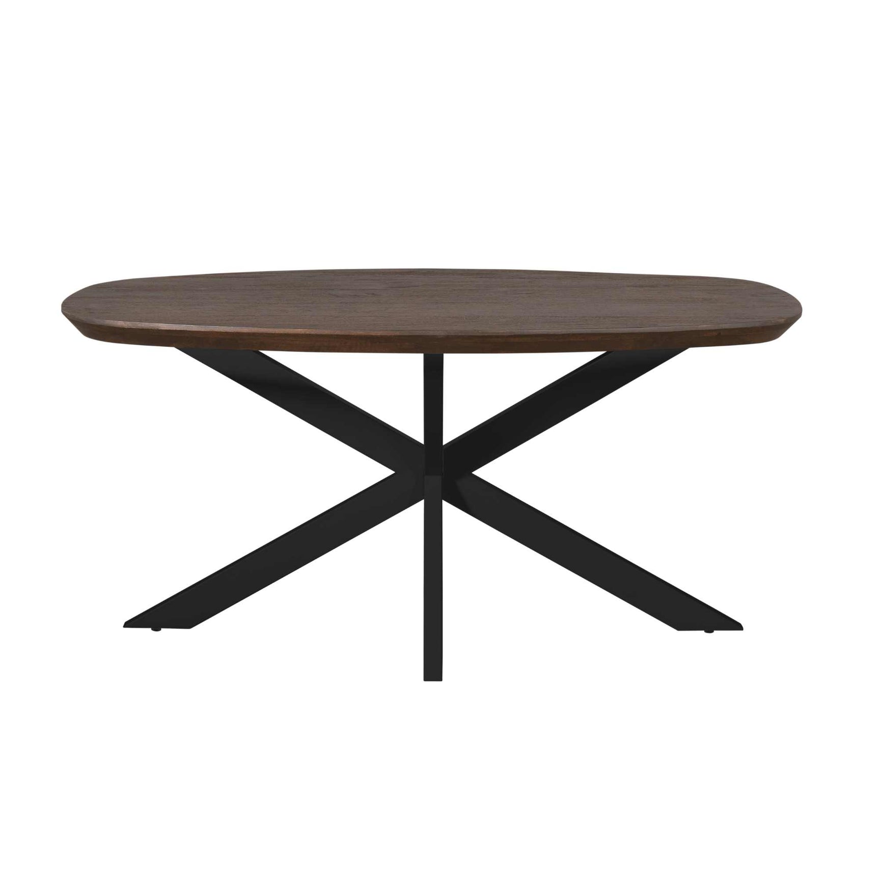 Bruine ovale eettafel met zwarte kruis- en centrale poot, glad blad.