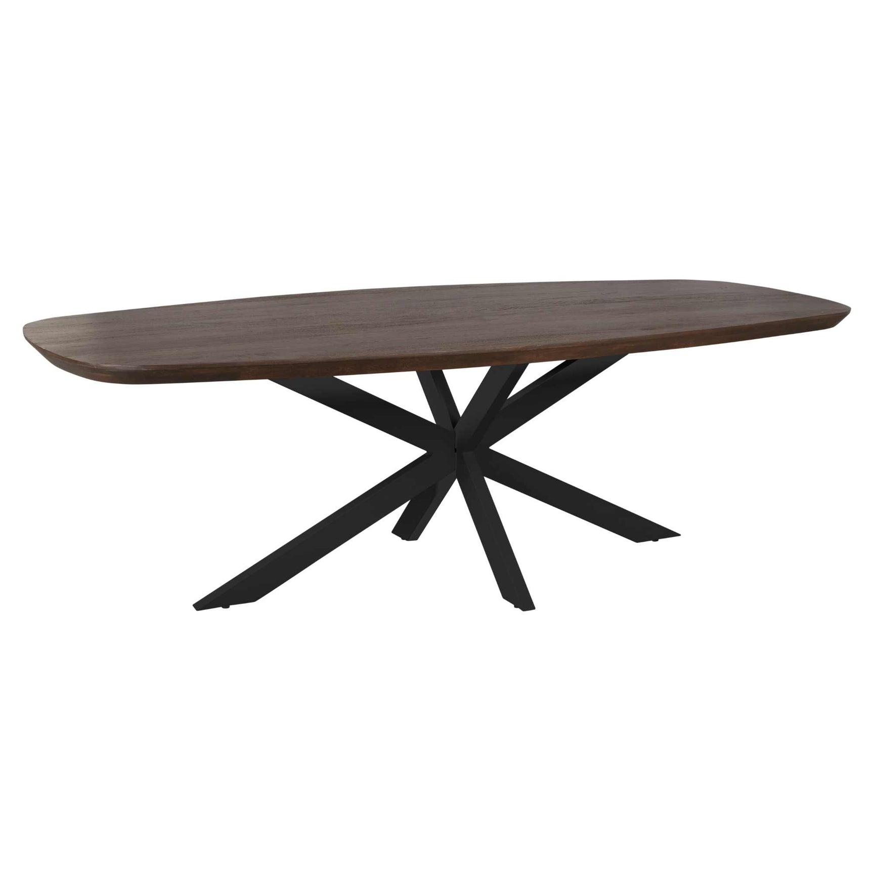 Ovale eettafel met bruin tafelblad en zwarte kruispoot, modern ontwerp