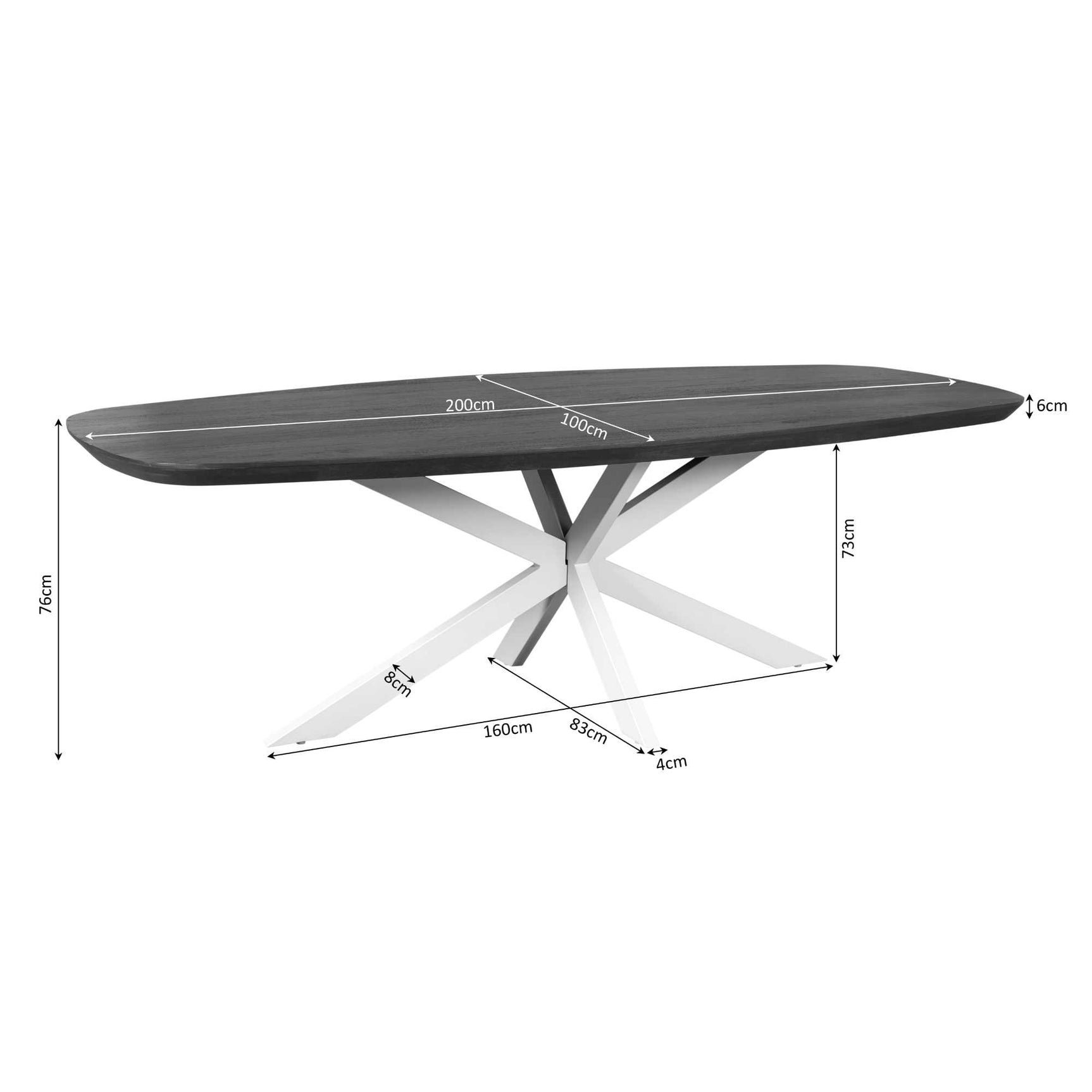 Ovale eettafel met afmetingen, bruin blad en zwarte kruispoten