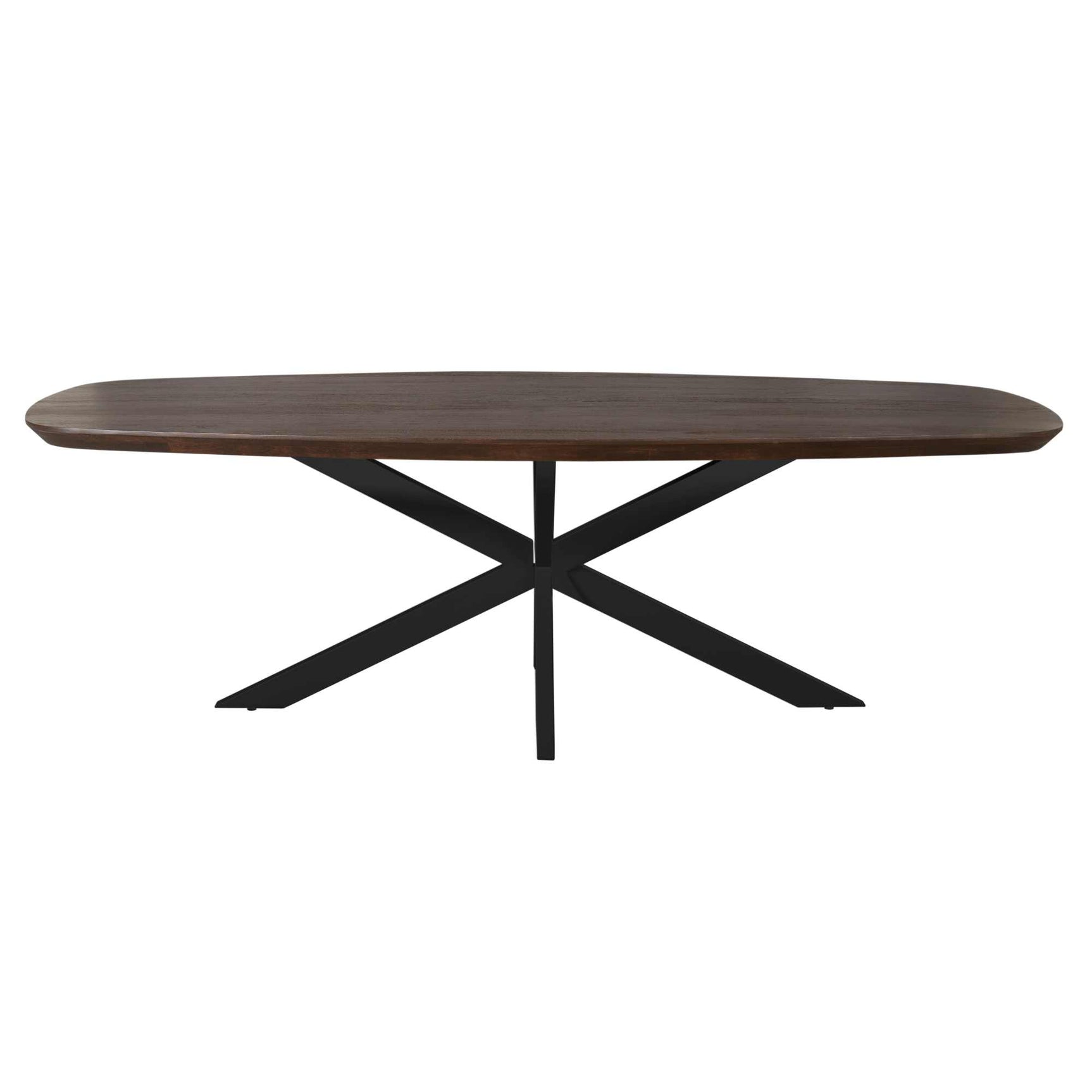 Ovale bruine eettafel met centrale zwarte poot, kruispoten en afgeronde rand