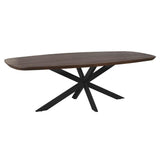 Eettafel met ovale bruine blad en zwarte sterpoot, taps toelopende poten