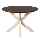 Ronde eettafel met bruin rond blad en zandkleurige spreidpoten