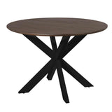 Ronde eettafel met donkerbruin blad en zwarte kruisvormige poten