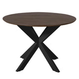 Ronde eettafel met donkerbruin blad en zwarte X-vormige poten