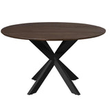 Ronde eettafel met bruin blad en zwarte taps toelopende poten