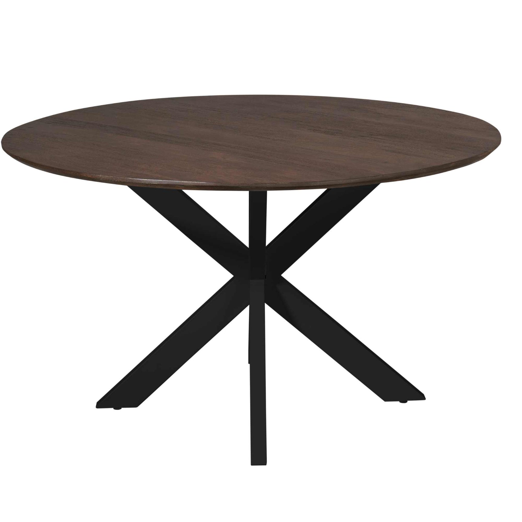 Eettafel met rond bruin blad en zwarte poten met centrale steun