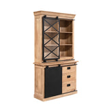 Vitrinekast met houten fronten, zwart vak met kruisframe en drie laden onder