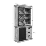 Vitrinekast met afmetingen, hout met zwart frame en ladeblok; open vitrine boven