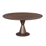 Ronde houten eettafel, bruin tafelblad met conische centrale poot
