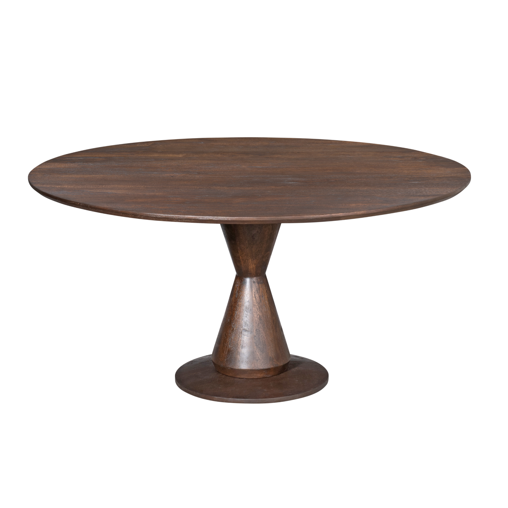 Ronde houten eettafel, bruin tafelblad met conische centrale poot