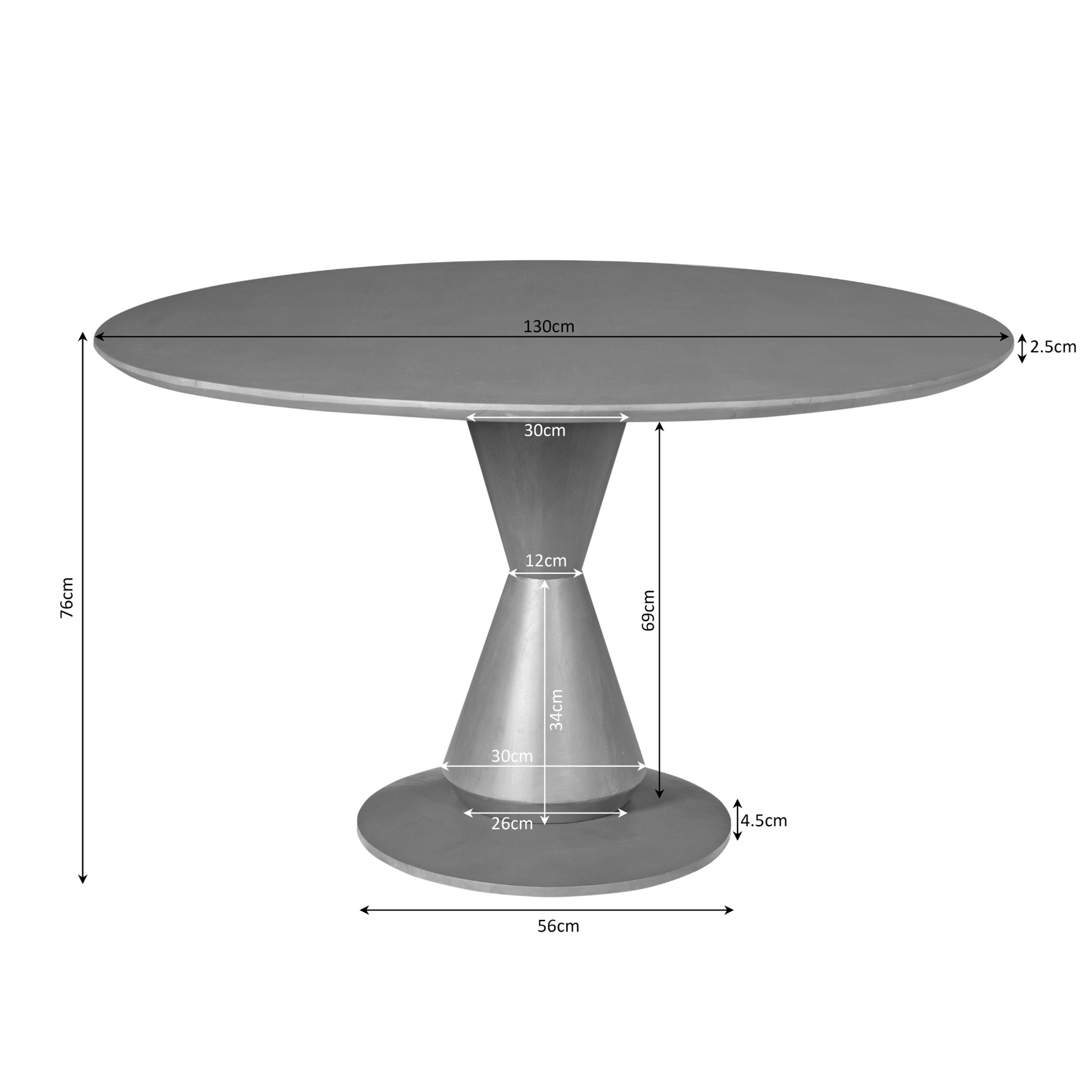 Ronde eettafel met afmetingen: 130 cm, 56 cm en hoogte 65 cm