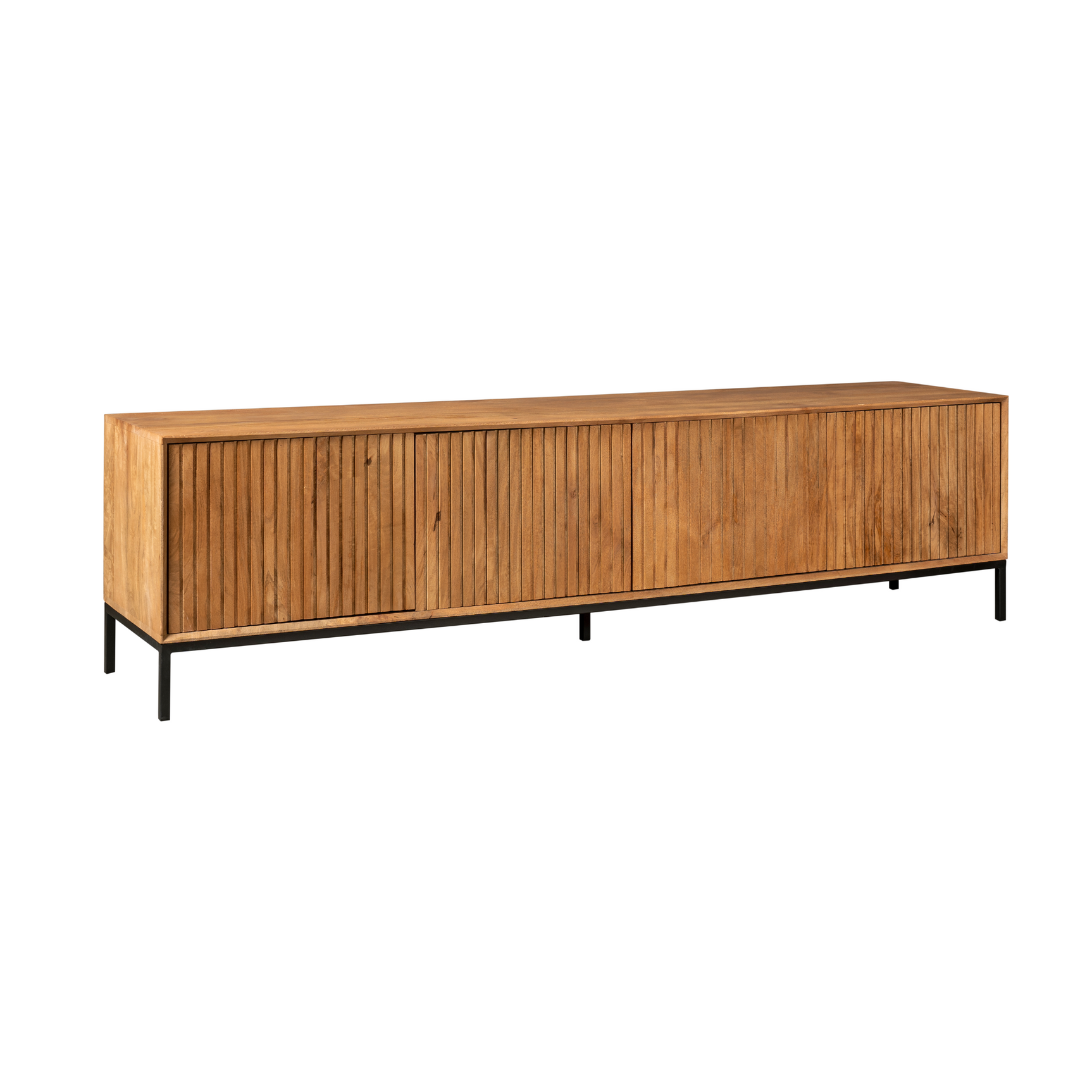 Tv-meubel front met 4 deurtjes in verticale latten, naturel hout en zwarte poten