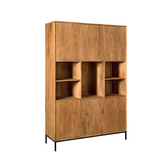 Vakkenkast met open vakkenrij en ribbelfront, naturel hout, smal zwart metalen onderstel.
