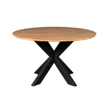 Ronde eettafel met naturel houten blad en zwarte X-vormige pootconstructie