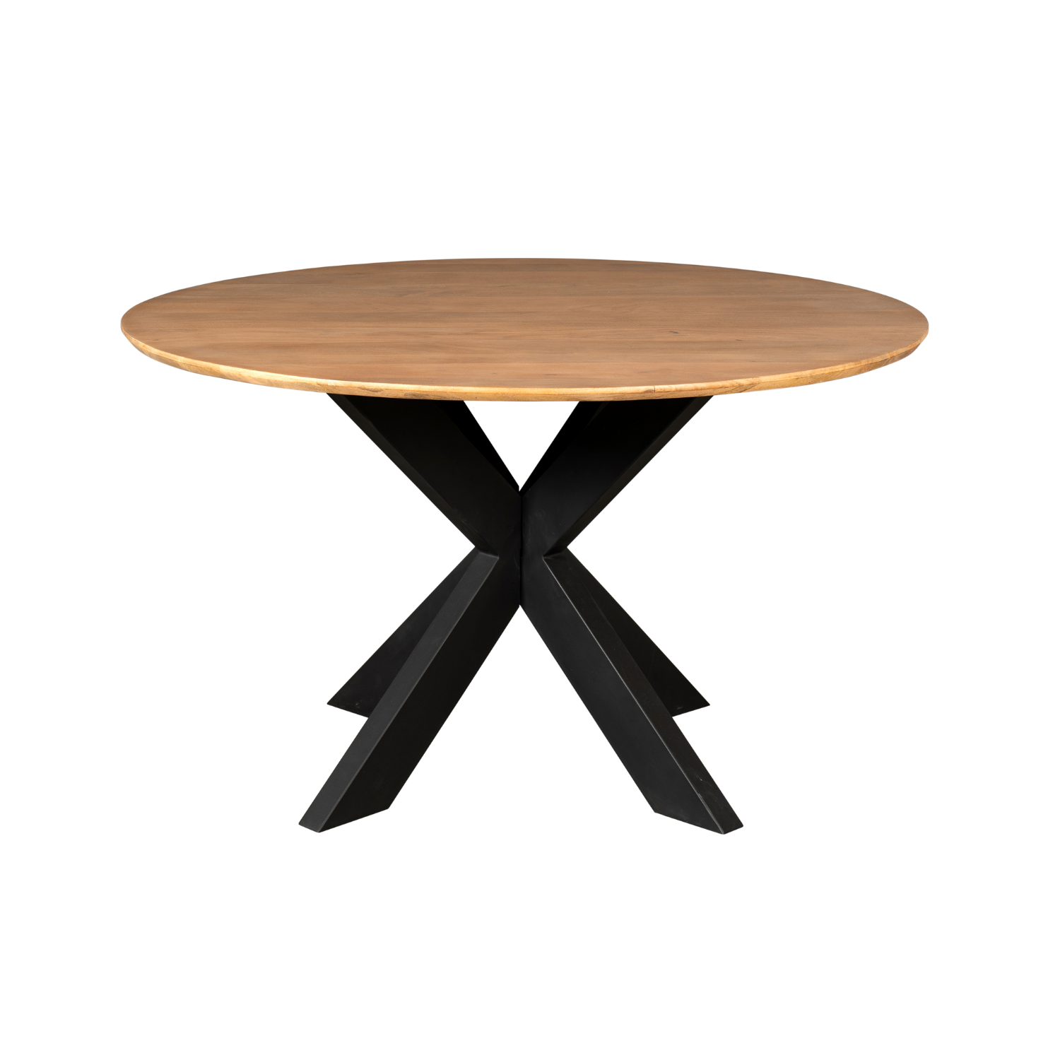 Ronde eettafel met naturel houten blad en zwarte X-vormige pootconstructie
