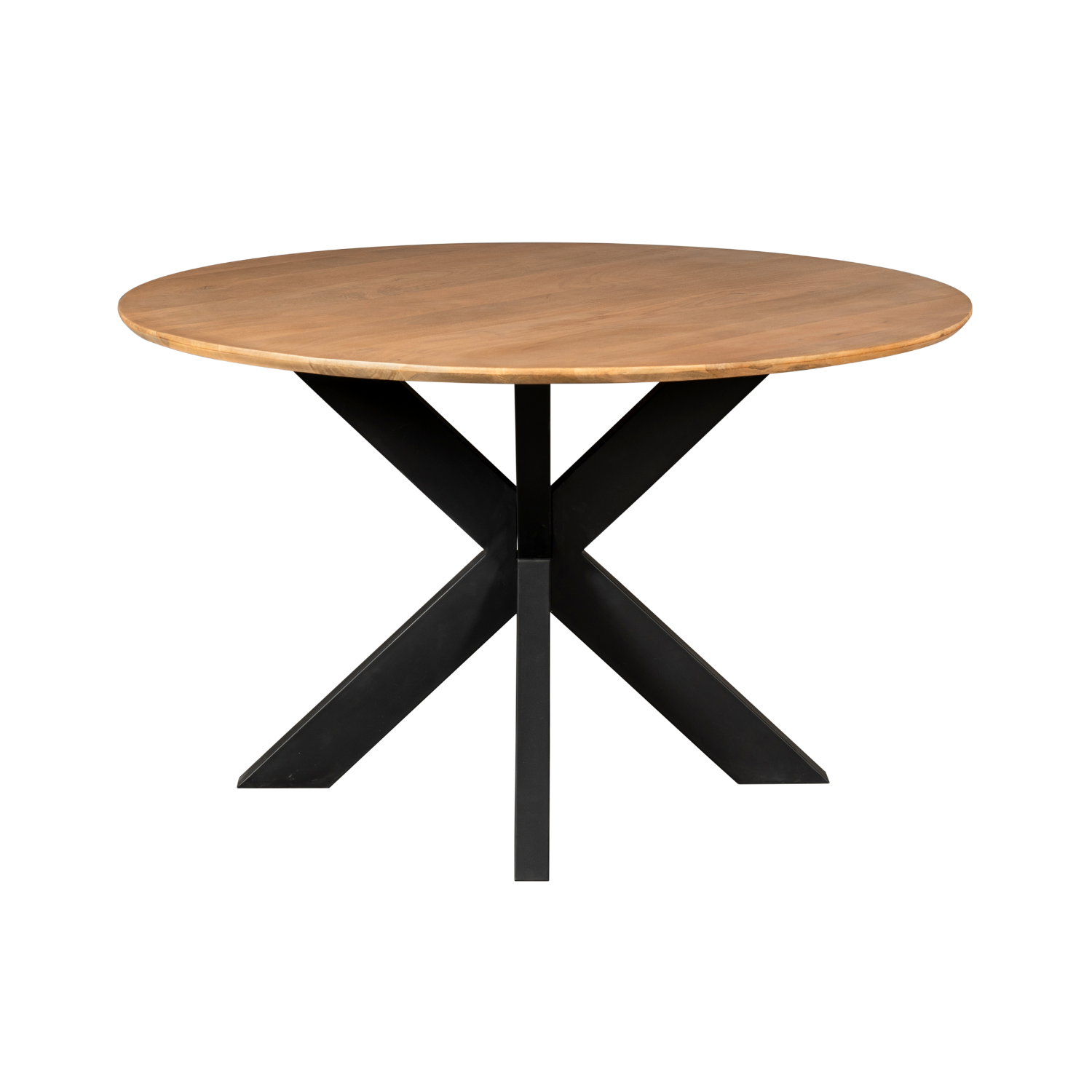 Ronde eettafel met naturel houten blad en zwarte kruispoten
