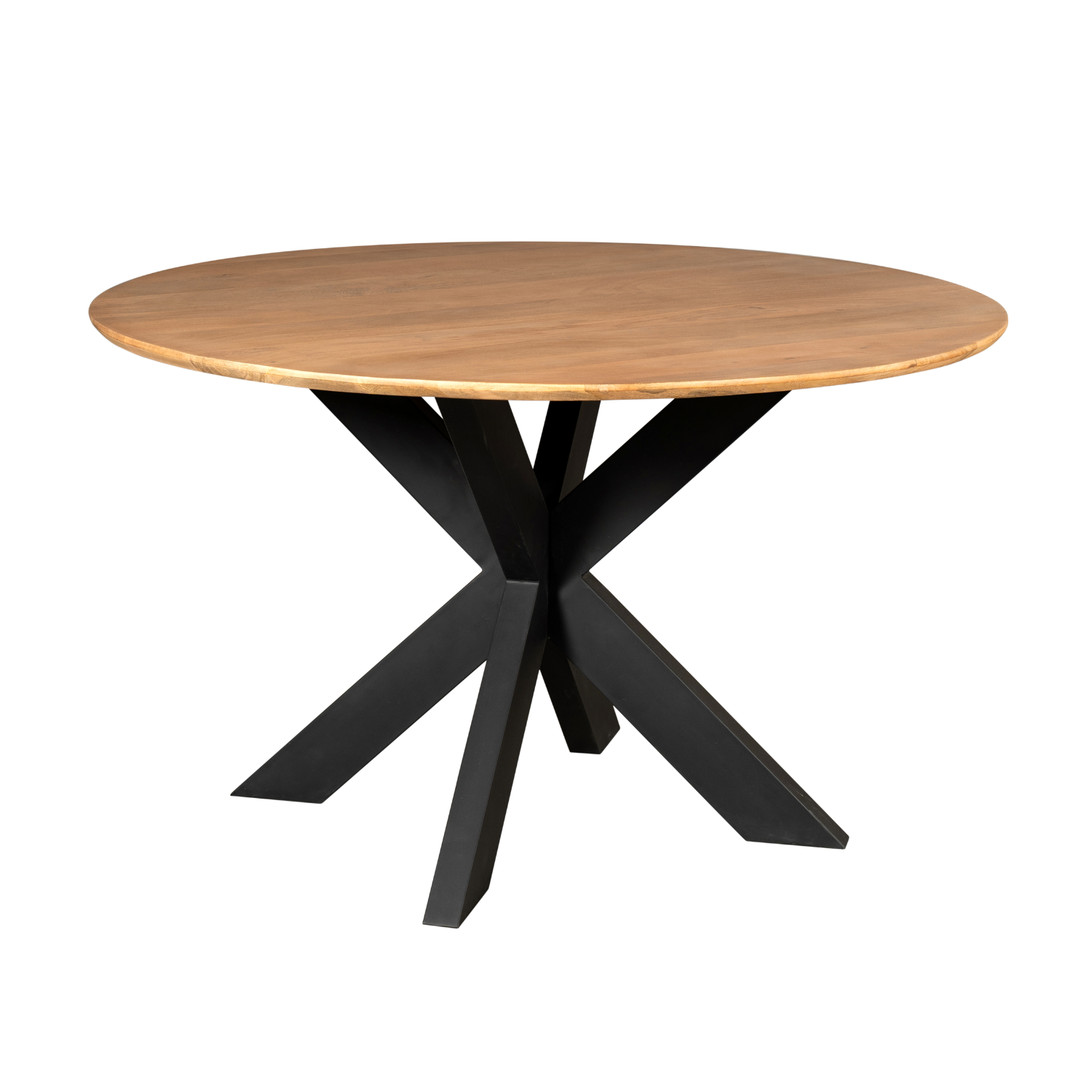 Ronde eettafel met naturel houten blad en zwarte kruispoten, Ø130 cm
