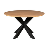 Ronde eettafel met naturel houten blad en zwarte X-vormige pootconstructie