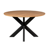 Ronde eettafel met naturel houten blad en zwarte kruisframe-poten