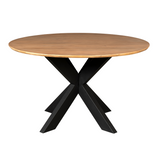 Ronde eettafel met naturel houten blad en zwarte kruispoot onderstel.