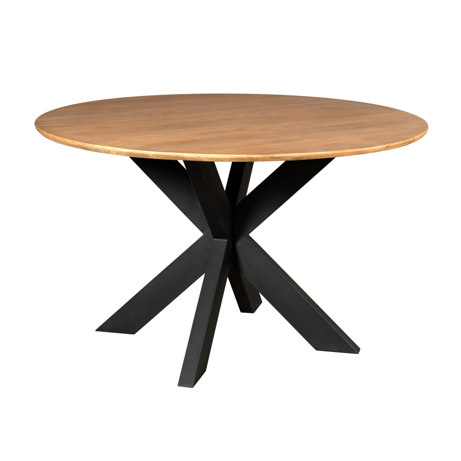 Ronde eettafel met naturel houten blad en zwarte poten in X-vorm.