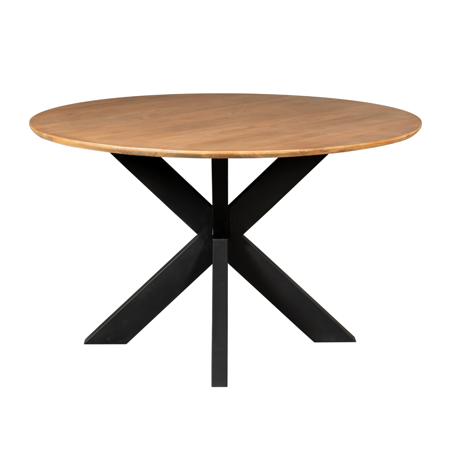 Ronde eettafel met naturel houten blad en zwart onderstel met X-poten.
