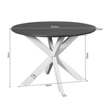 Ronde eettafel met naturel blad: Ø150 cm, hoogte 76 cm en pootdetail.