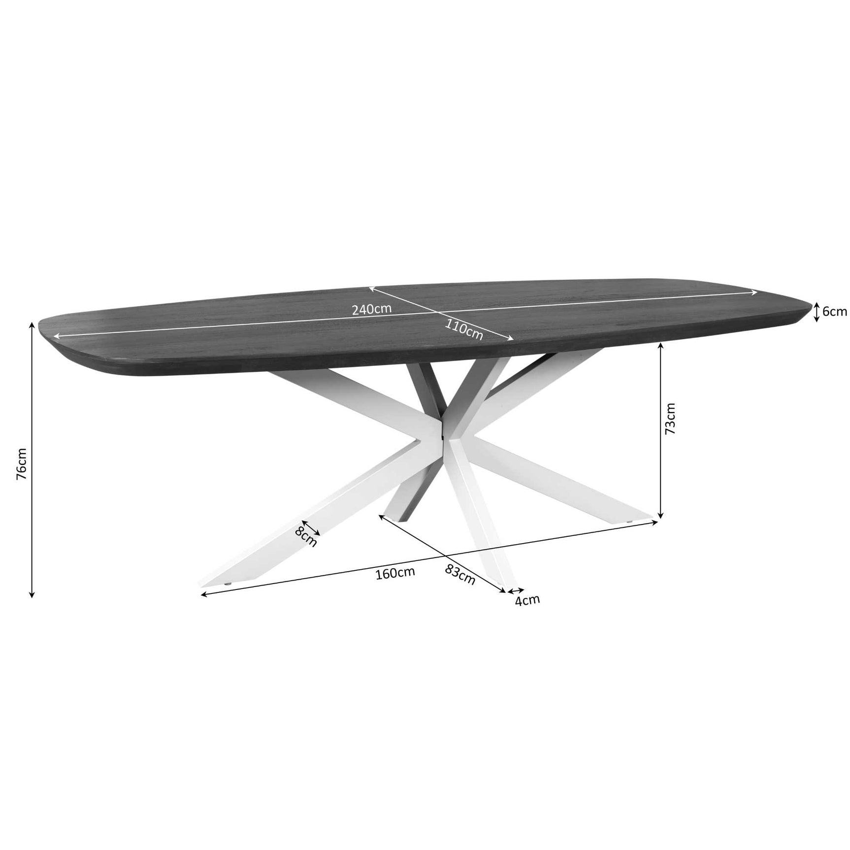 Ovale eettafel met grijs blad en lichte poten, met afmetingen