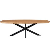 Ovale eettafel met naturel houten blad en zwart kruisvormig onderstel.