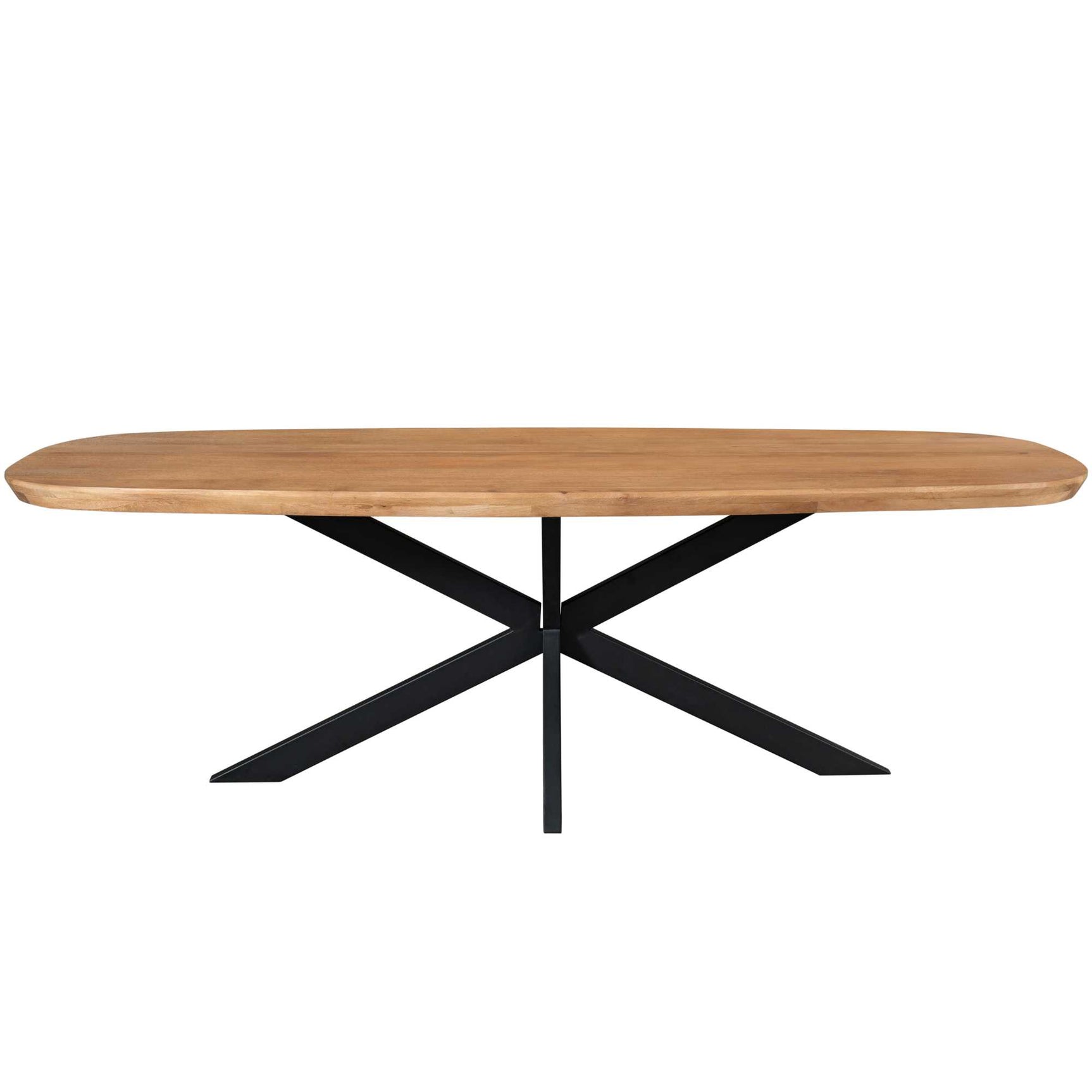 Ovale eettafel met naturel houten blad en zwart kruisvormig onderstel.