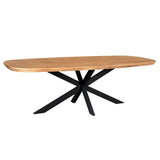Ovale eettafel met naturel houten blad en zwart X-onderstel.