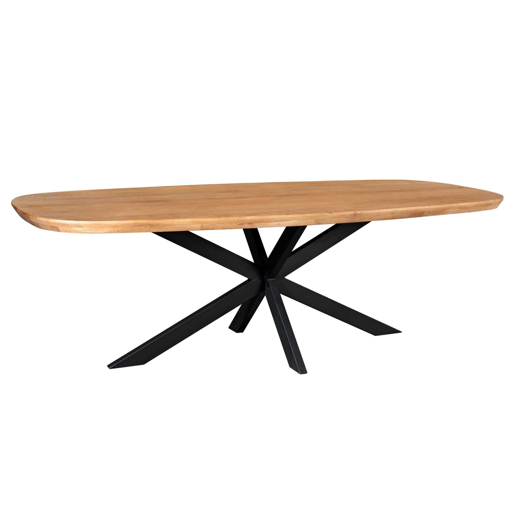 Ovale eettafel met naturel houten blad en zwart X-onderstel.