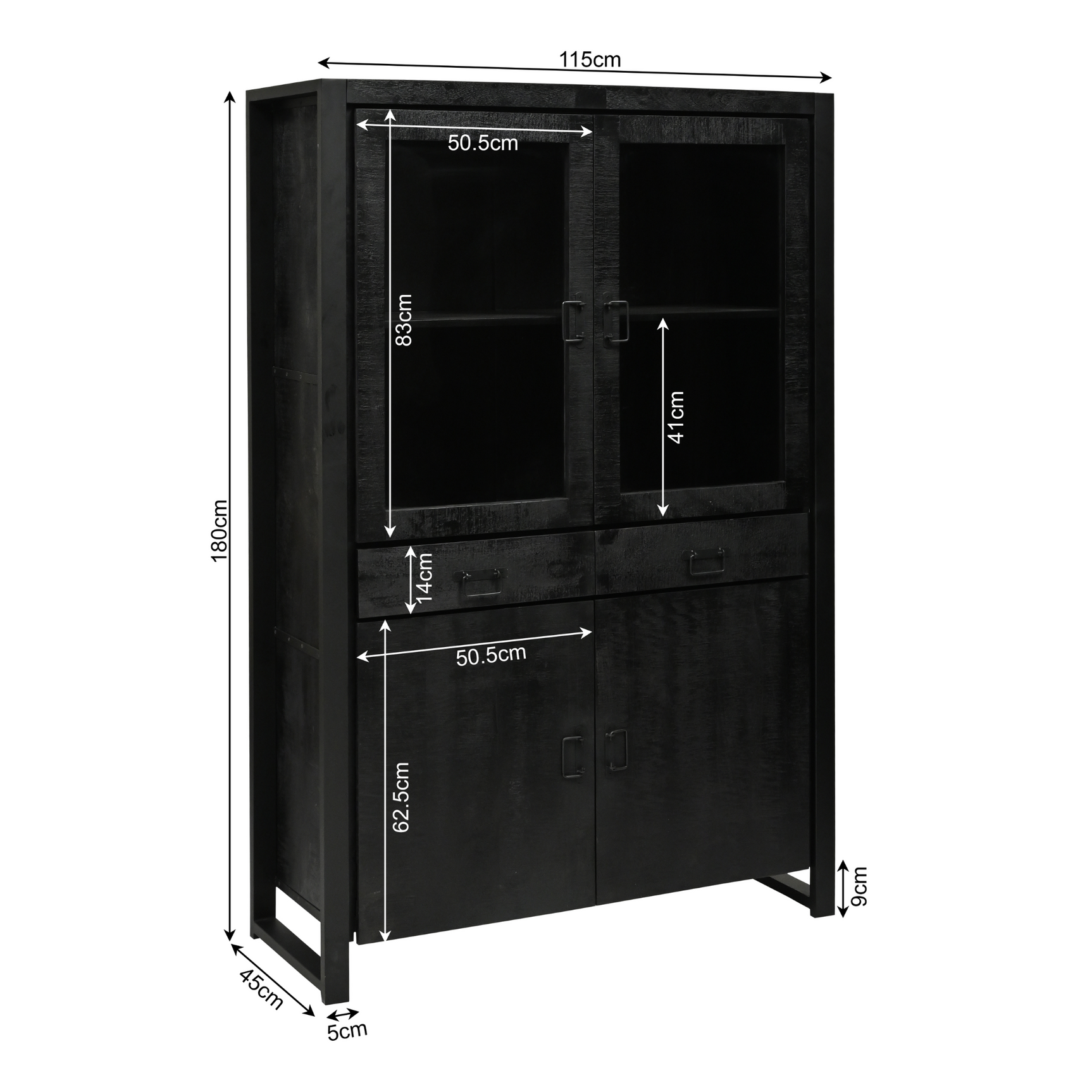 Vitrinekast afmetingen: 115 cm breed, 180 cm hoog en 90 cm diep
