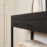 Zwarte sidetable met twee laden en metalen greepjes, open onderruimte