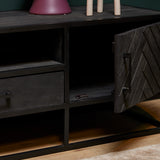 Tv-meubel frontdetail met ruitmotiefdeur, twee lades en open opbergruimte, zwart