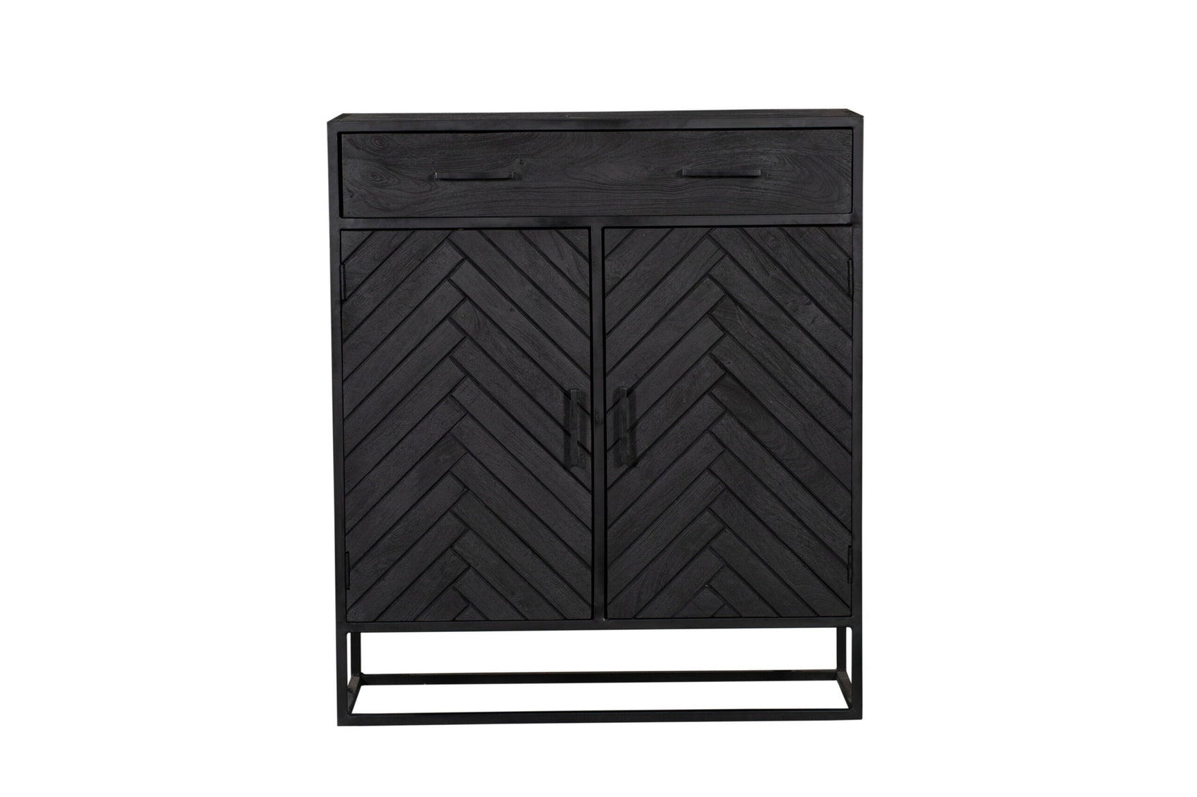 Zwarte kast met lade en dubbele deuren, houtlook met ruit/visgraatmotief op panelen.