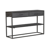 Sidetable met 2 lades en open plank, donker hout met zwart metalen frame