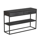 Sidetable zijaanzicht: 2 lades en open plank, donker hout op zwart metalen frame