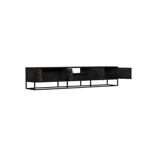 Tv-meubel 240 cm, zwart met open vakken en middenlade, metaal frame