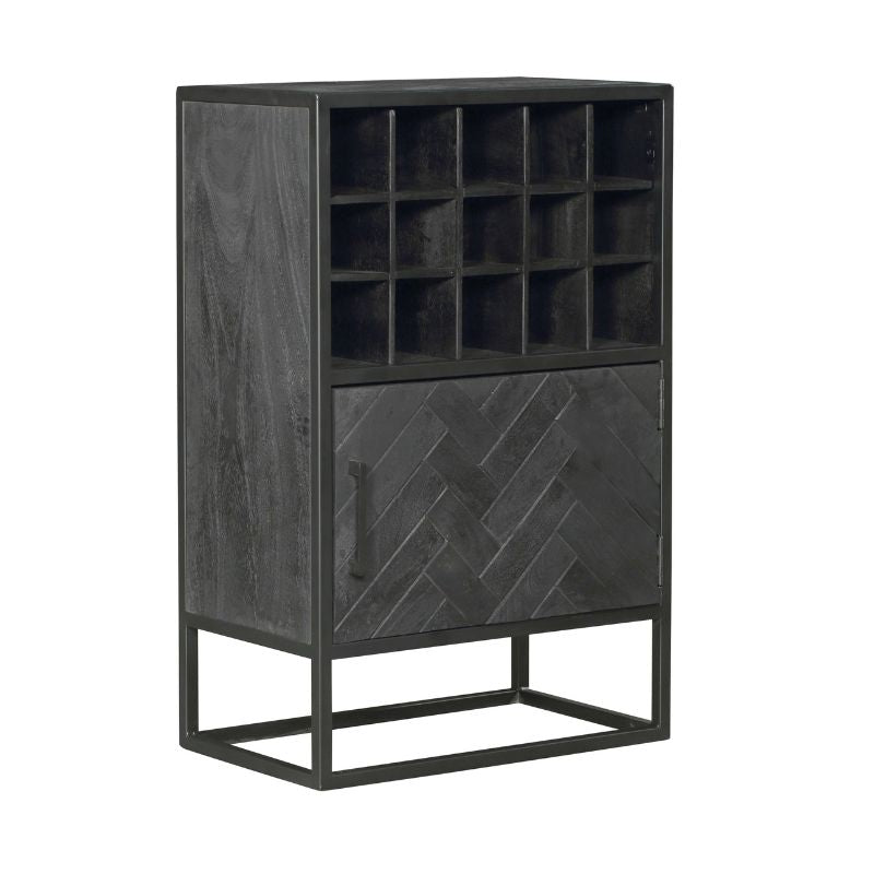 Wijnkast New York donkergrijs met open flessenrek en ladefront met patroon