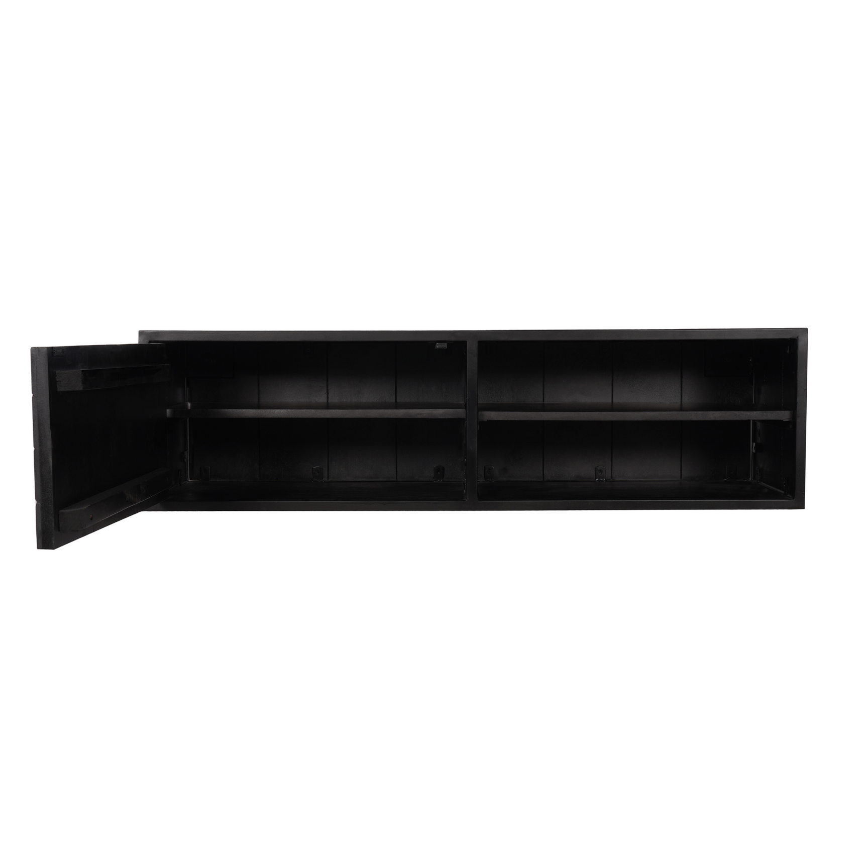 Zwevend tv-meubel met open interieur en legplanken, middenstijl zichtbaar