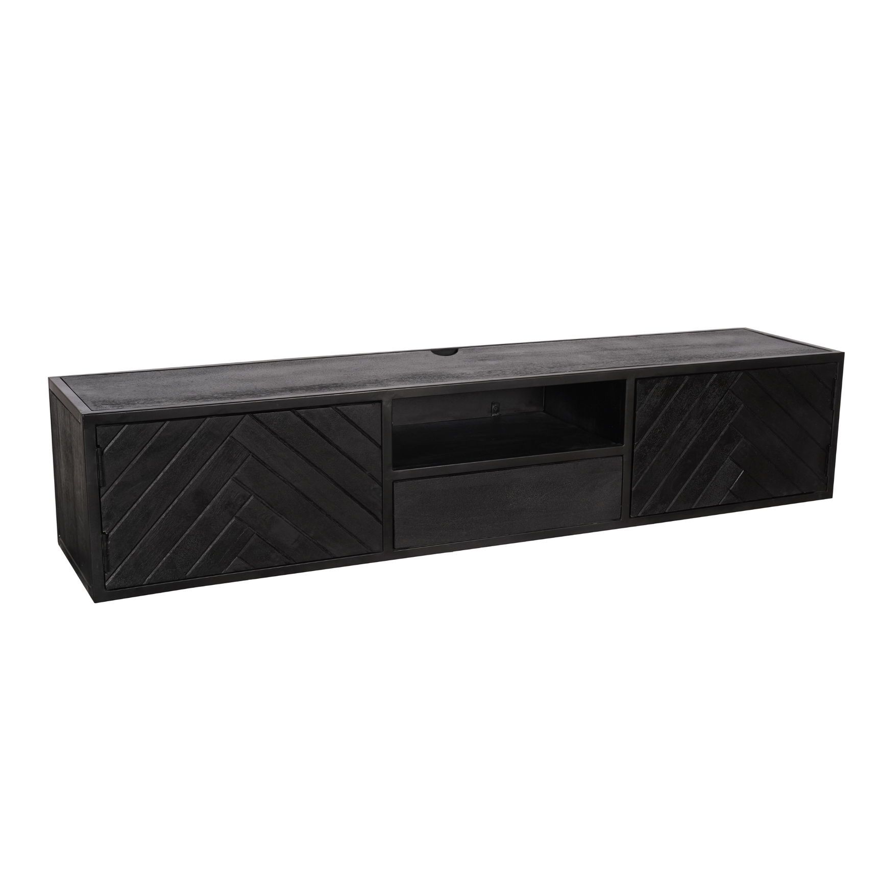 Hangend tv-meubel met open vak, centrale lade en decorpanelen met ruitmotief