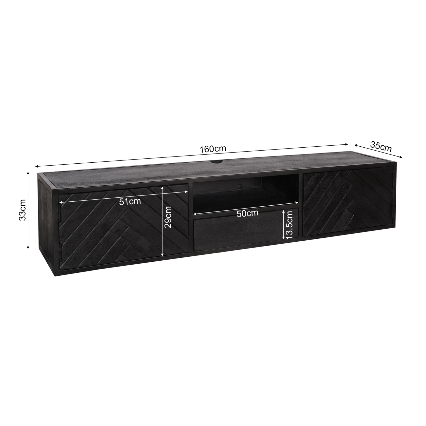 Hangend tv-meubel met afmetingen 160 cm breed en 35 cm hoog, donkergrijs