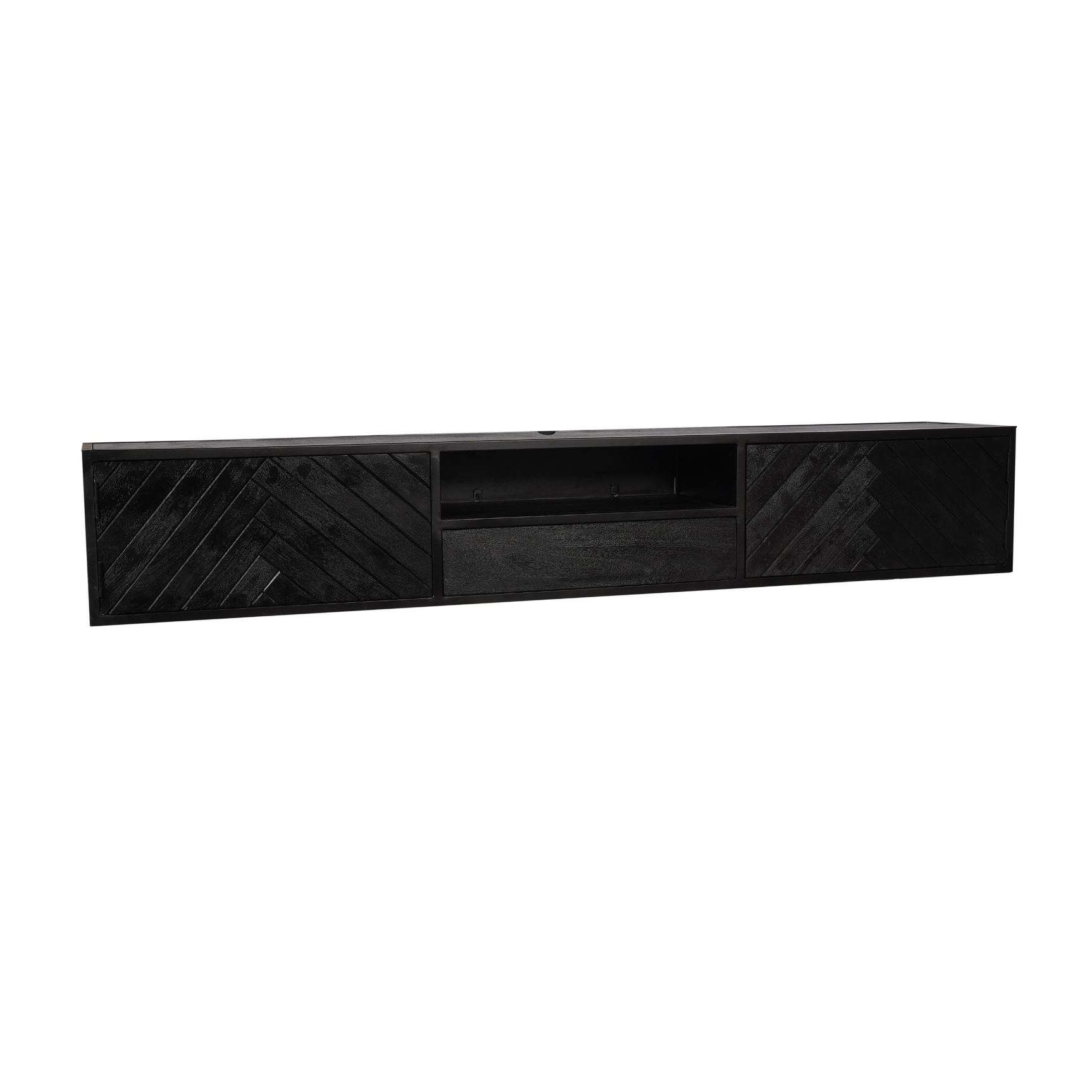 zwevend tv-meubel met middenlade en 2 paneeldeuren, zwart met diagonaal visgraat