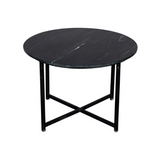 Ronde salontafel met zwart marmeren blad en X-vormig metalen onderstel.