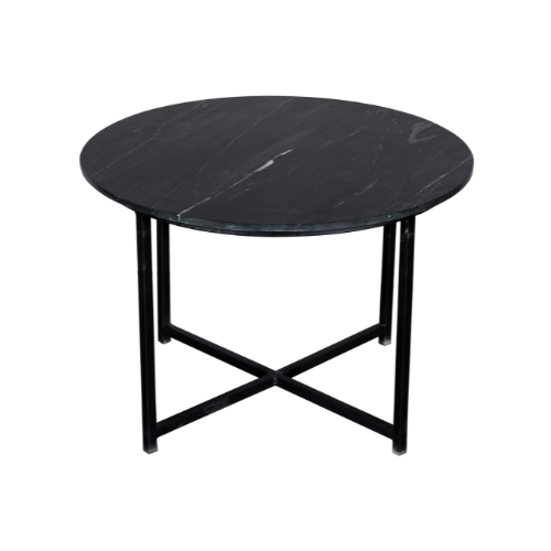 Ronde salontafel met zwart marmeren blad en X-vormig metalen onderstel.