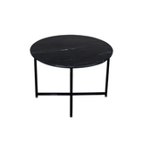 Ronde salontafel met zwart marmeren blad en metalen frame met middenpoot.