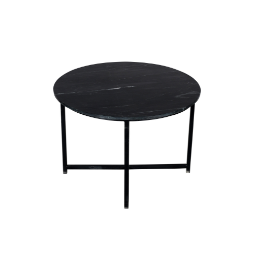 Ronde salontafel met zwart marmeren blad en metalen frame met middenpoot.