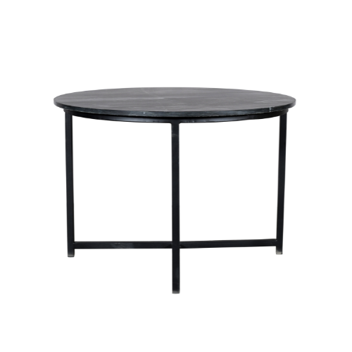 Ronde salontafel met zwart marmeren blad en metalen poten.