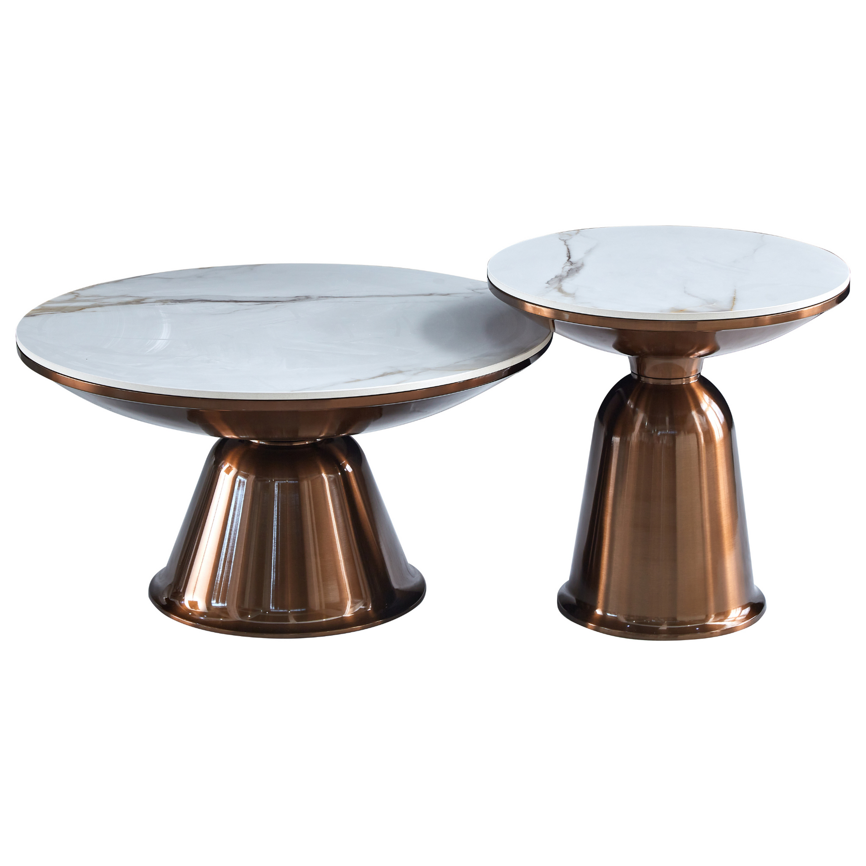 Set van 2 ronde salontafels met marmeren blad en koperkleurige voet